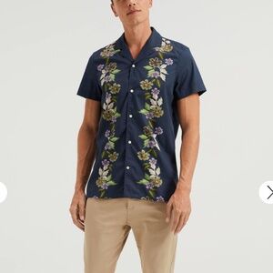 Men’s Floral Short Sleeve Button Down Cotton Shirt Navy Size M Casual Summer